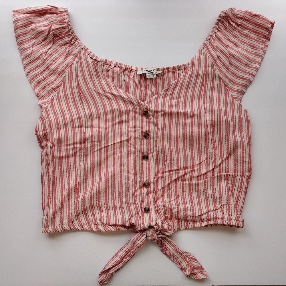 American Eagle | Striped Button-Up Tie-Front Flutter Cap Sleeve Top